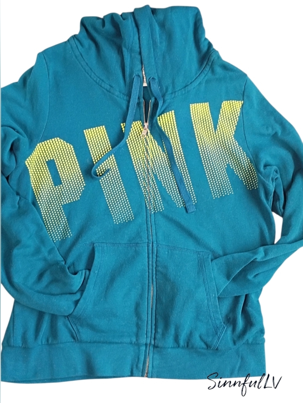 PINK Victoria's Secret Teal Zip-Up Hoodie with Lime Ombre Logo LG
